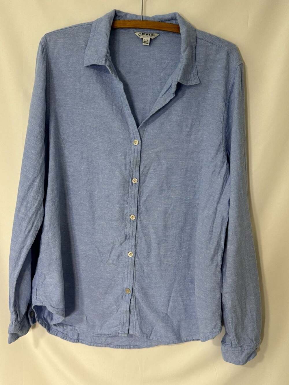 Orvis Women's Blue Linen Blend Long Sleeve Button-Up Shirt Size L